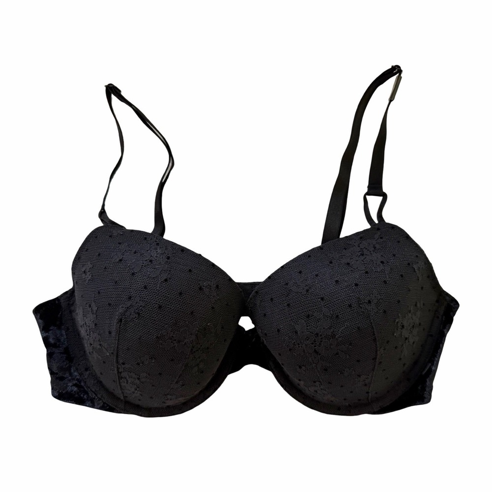 Victorias Secret Polka Dot Mesh Velvet Lined Demi Bra 36C Black Underwire NEW